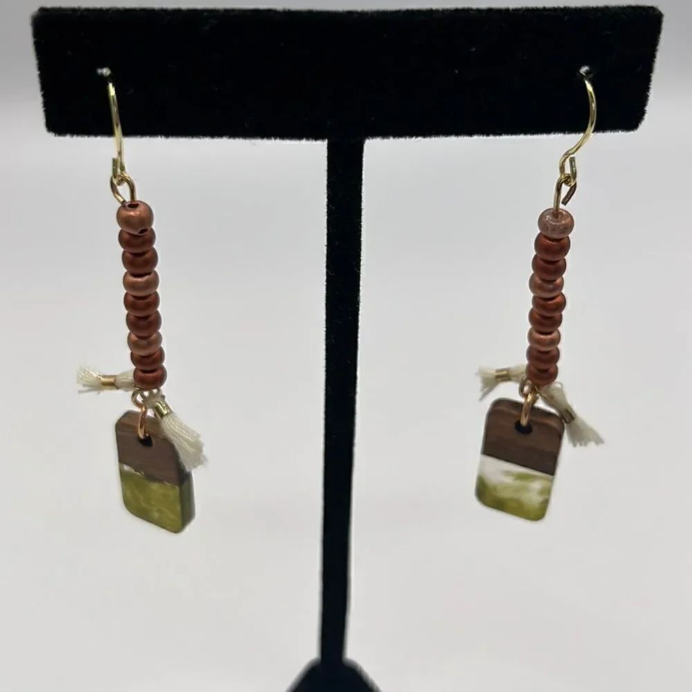 Gold Tone Beaded Tassel Earth Tone Rectangular Charm Boho Earrings